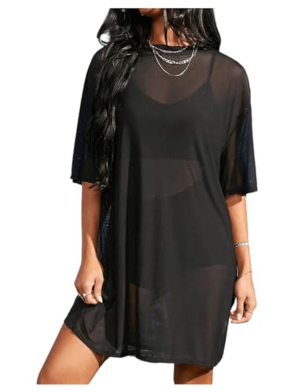 Sheer Mesh T-Shirt Dress Half Sleeve Loose Fit Casual Summer Beach Cover-Up